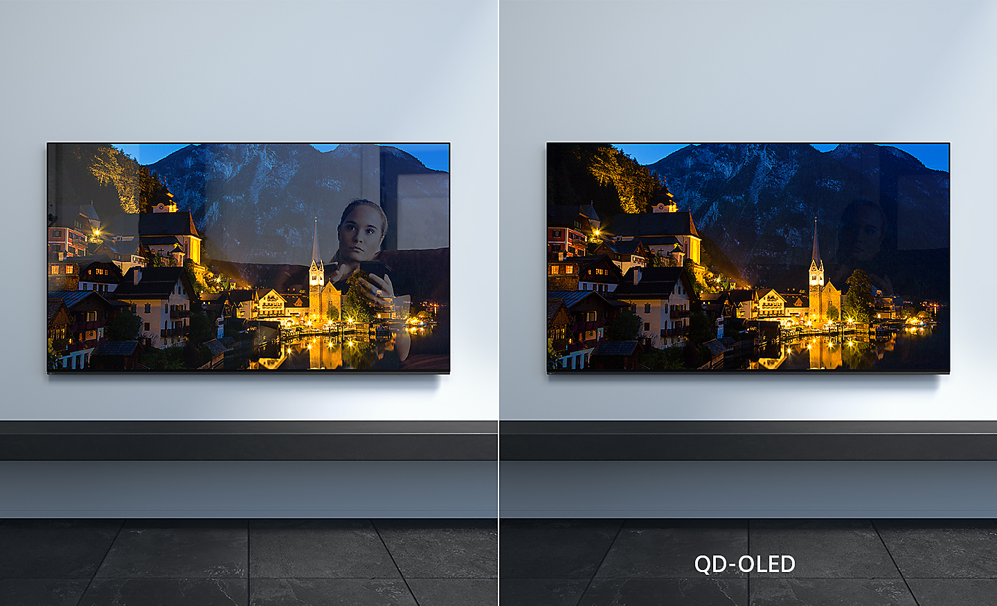 Two wall-mounted BRAVIA TVs with right image showing how QD-OLED reduces glare and reflection