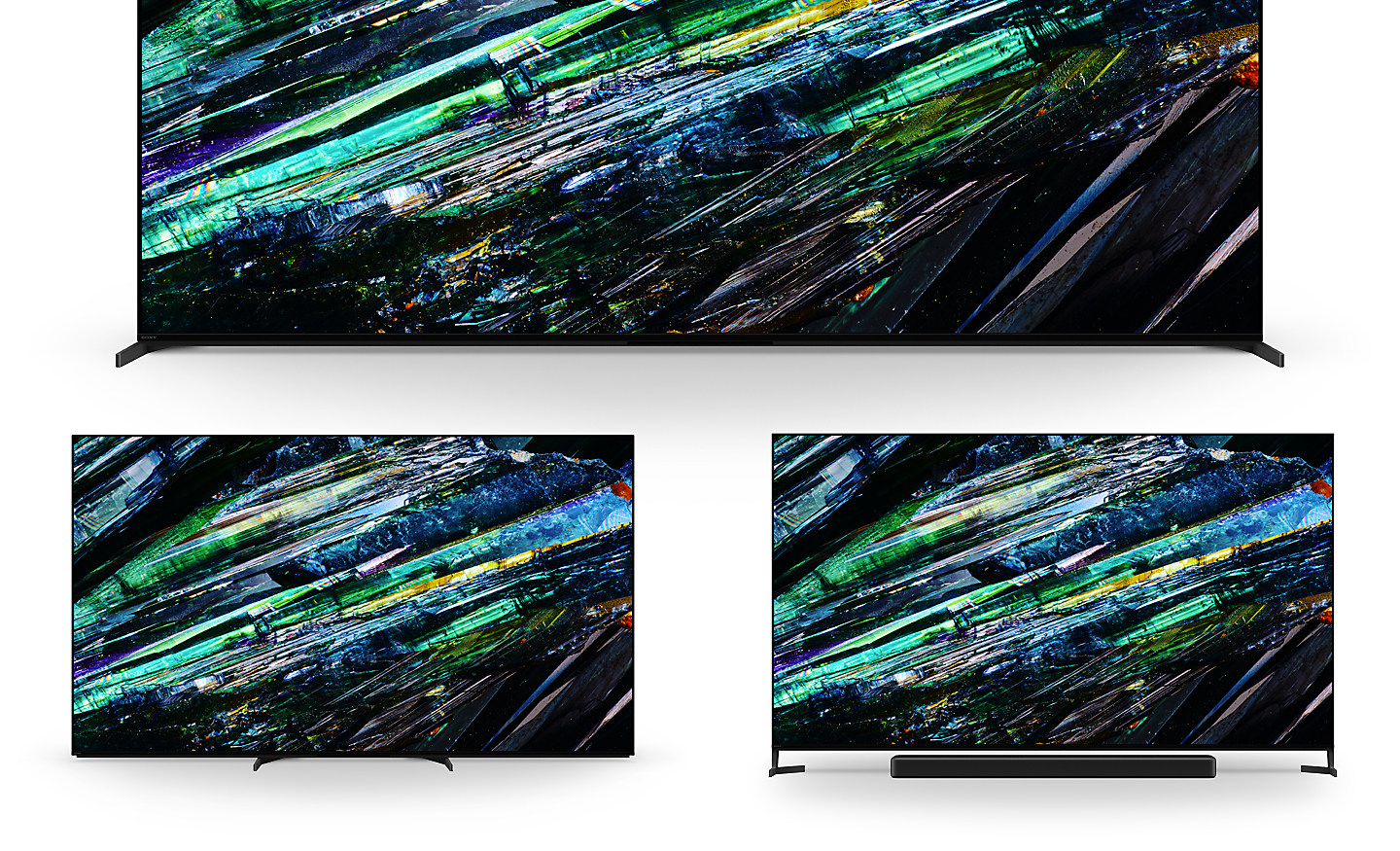 Image of three A95L Series BRAVIA TVs showing stand in standard setting, narrow setting and soundbar setting