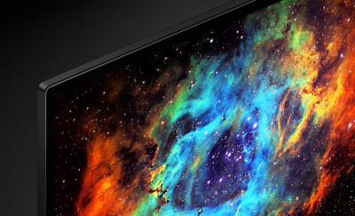 Detail of corner of TV showing multicoloured nebulae on screen