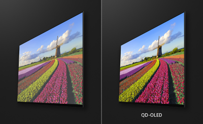 兩張展示田野中花朵的角度截圖，右圖顯示 QD-OLED 的增強色彩效果