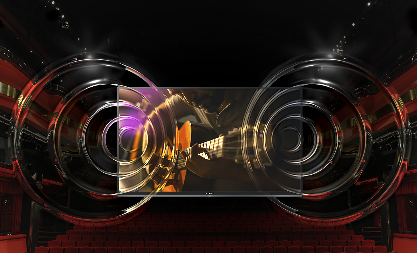 BRAVIA TV with screenshot of man playing a guitar and two concentric sound rings projecting out from the TV