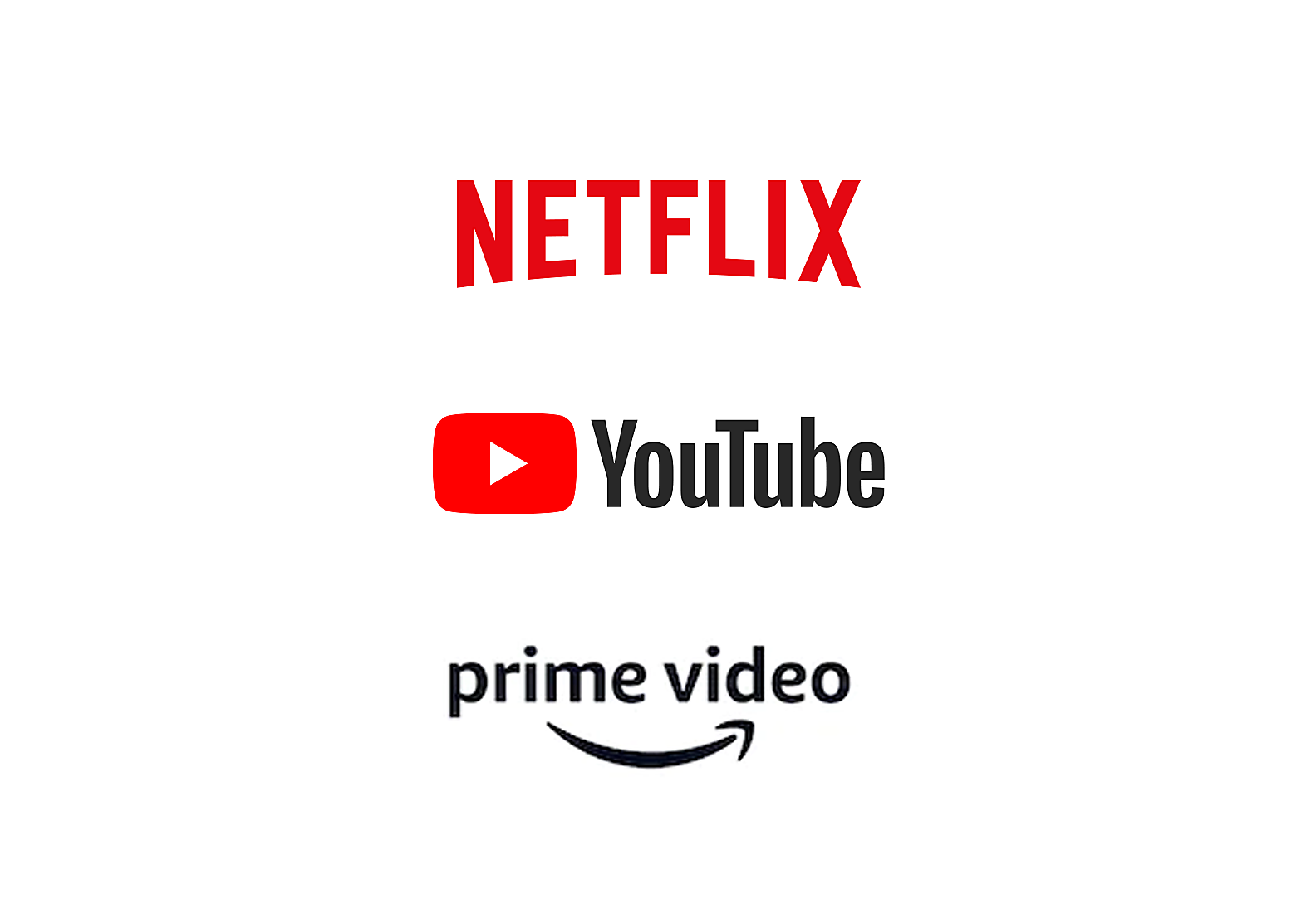Logos for Netflix, YouTube and Amazon Prime Video