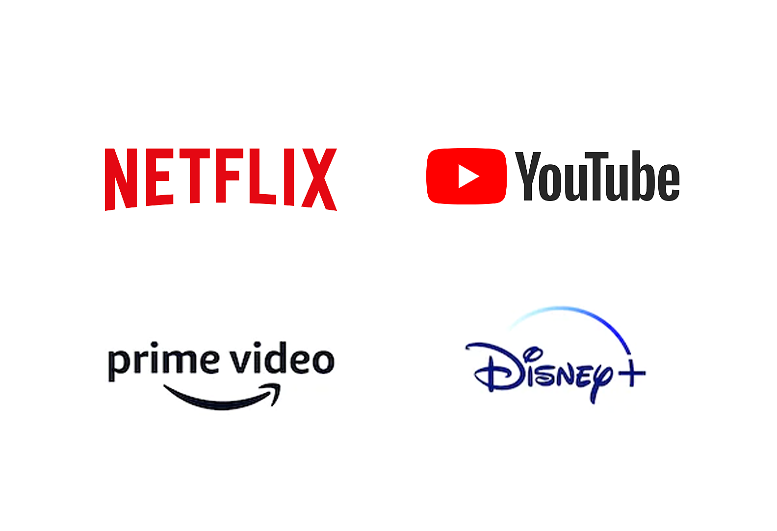 Logoer for Netflix, YouTube, Amazon prime video og Disney+