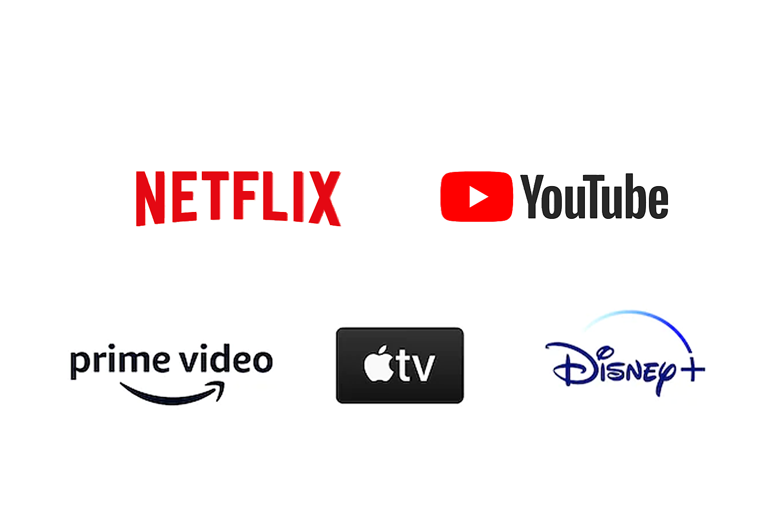 Netflix、YouTube、Amazon prime video、Apple TV 和 Disney+ 的標誌
