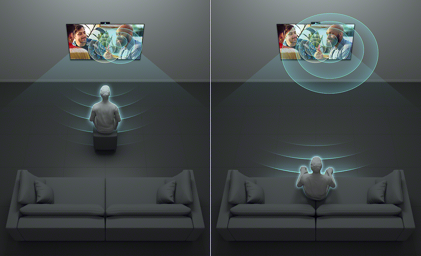Split-screen graphic showing a person listening to TV close up and a person listening to another TV from afar