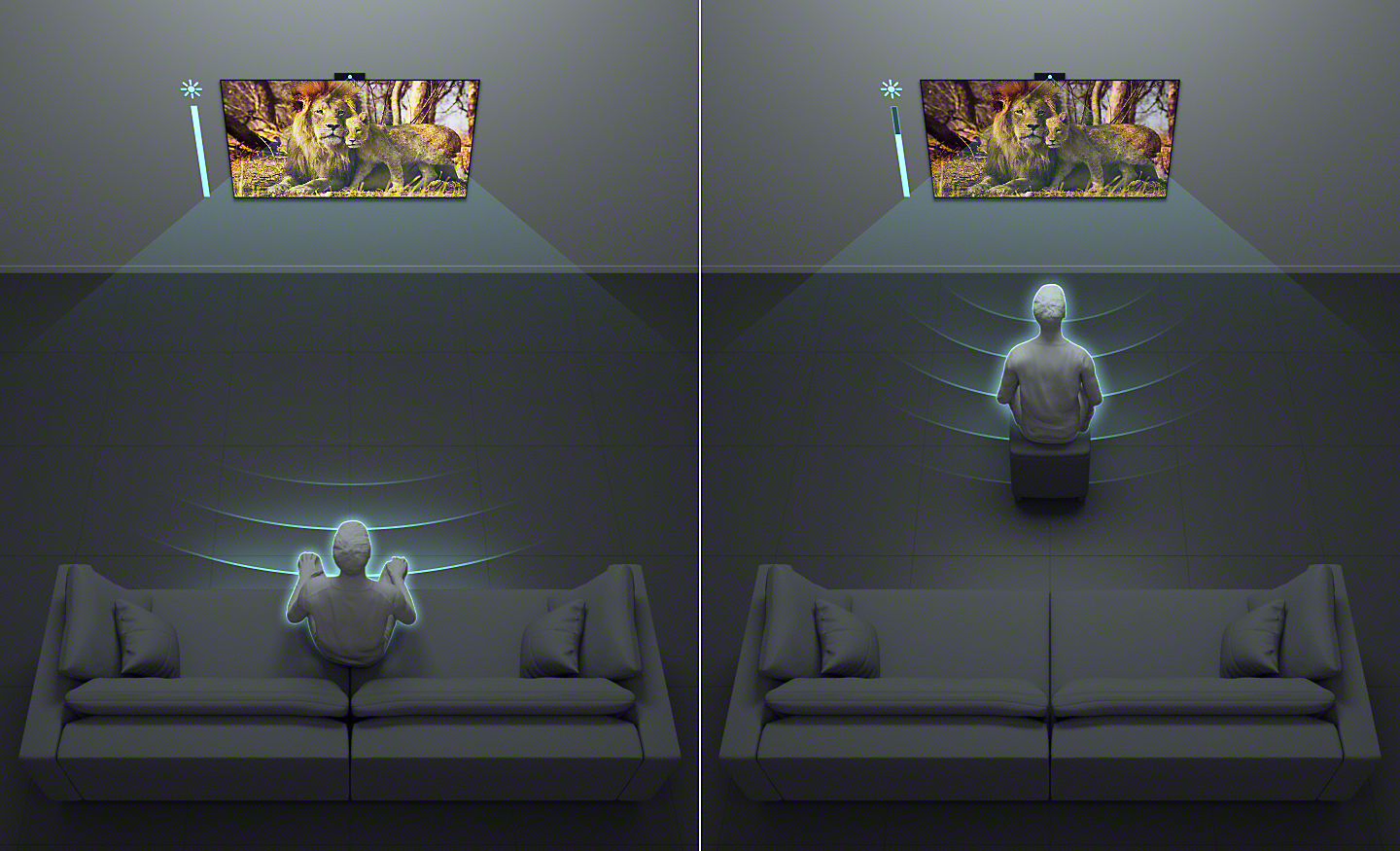 Розділений екран, що показує людину, що дивиться телевізор здалеку, і людину, що дивиться поблизу