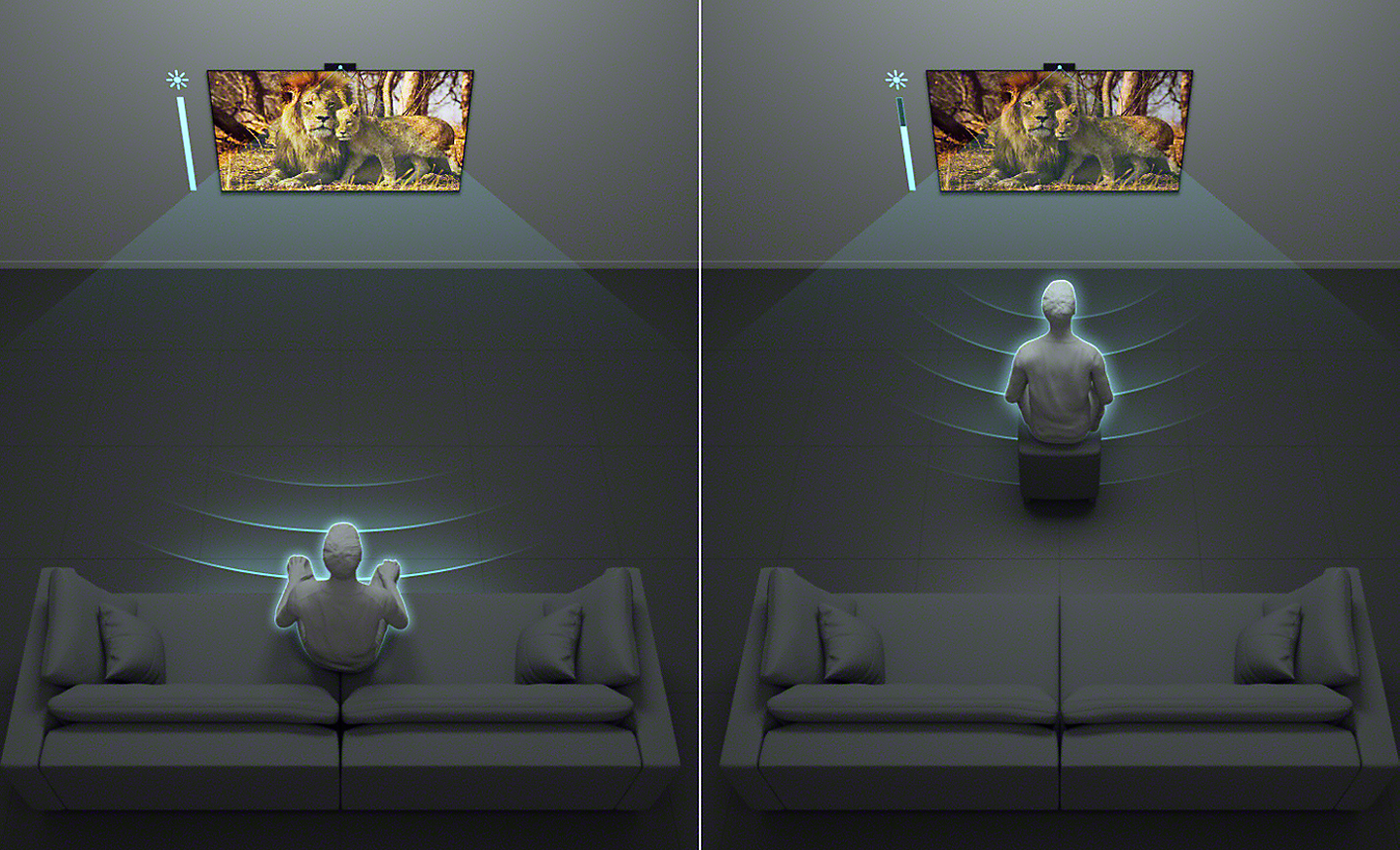 Immagine divisa che mostra una persona che guarda la TV da lontano e una persona che guarda da vicino