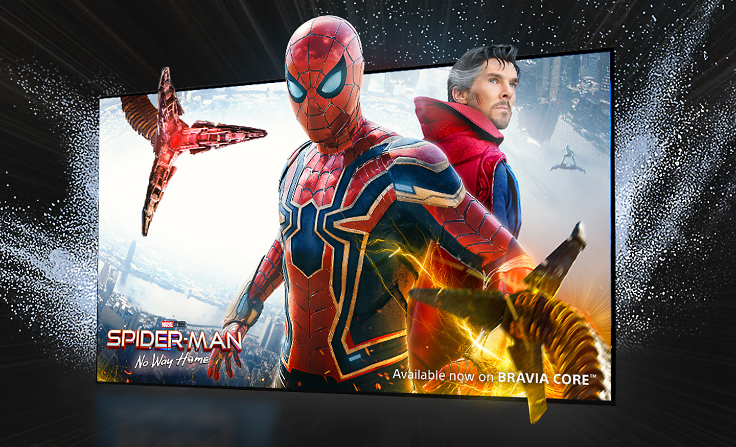 TV screen showing the movie SPIDER-MAN No Way Home with Spider-man extending out of the screen