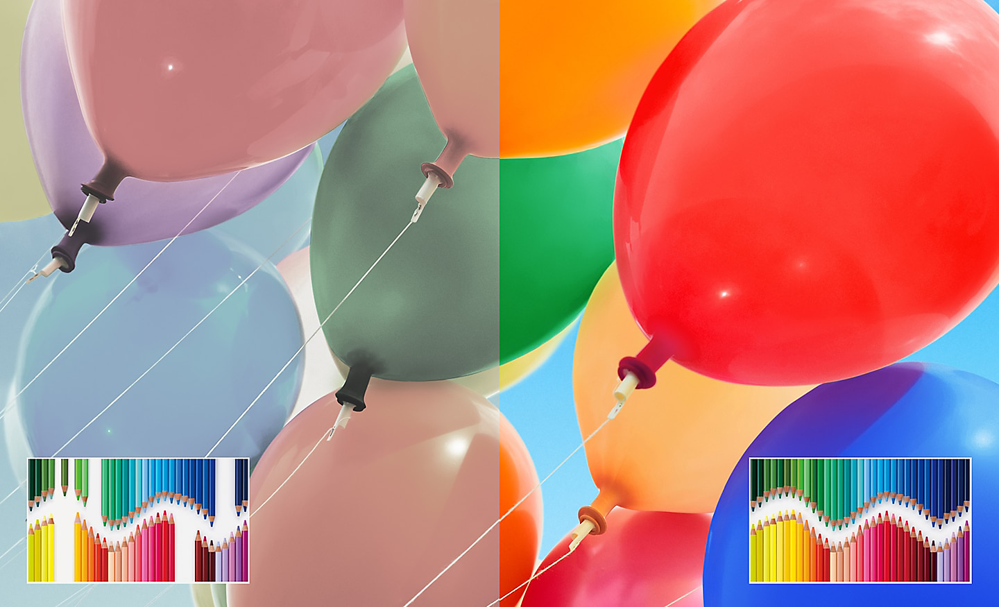 Split screen image of multicoloured balloons showing enhanced brightness and contrast on right side
