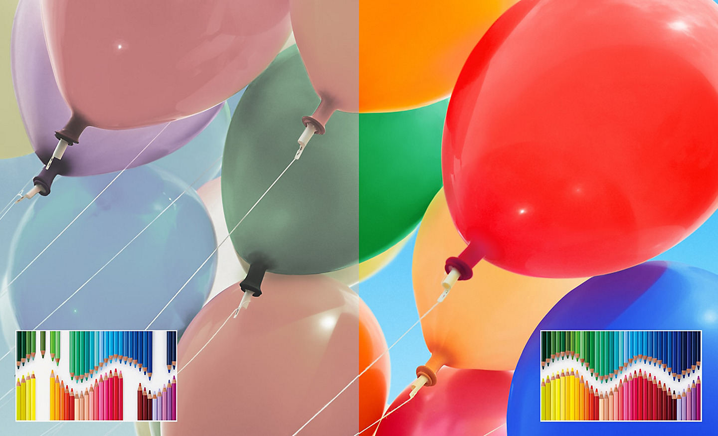 Delt skjermbilde av fargerike ballonger som viser forbedret lysstyrke og kontrast på høyre side