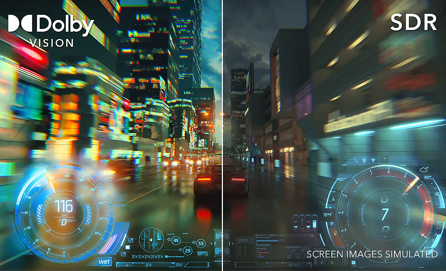 Split screen showing two city scenes, the one on the left displaying the vibrant colours and lifelike contrast of Dolby Vision, the one on the right without Dolby Vision