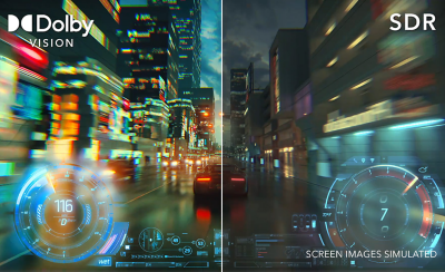 Écran partagé montrant deux scènes de ville, celle de gauche affichant les couleurs vibrantes et le contraste réaliste de Dolby Vision, celle de droite sans Dolby Vision