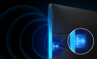 Слика од телевизор на која се прикажува локацијата и деталите за високотонецот во рамката и звучни бранови што се емитуваат во концентрични прстени