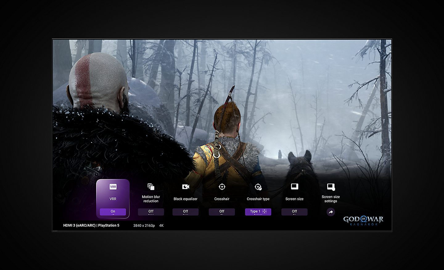《戰神：諸神黃昏》的螢幕截圖，畫面為兩名戰士，下方有遊戲設定和輔助功能