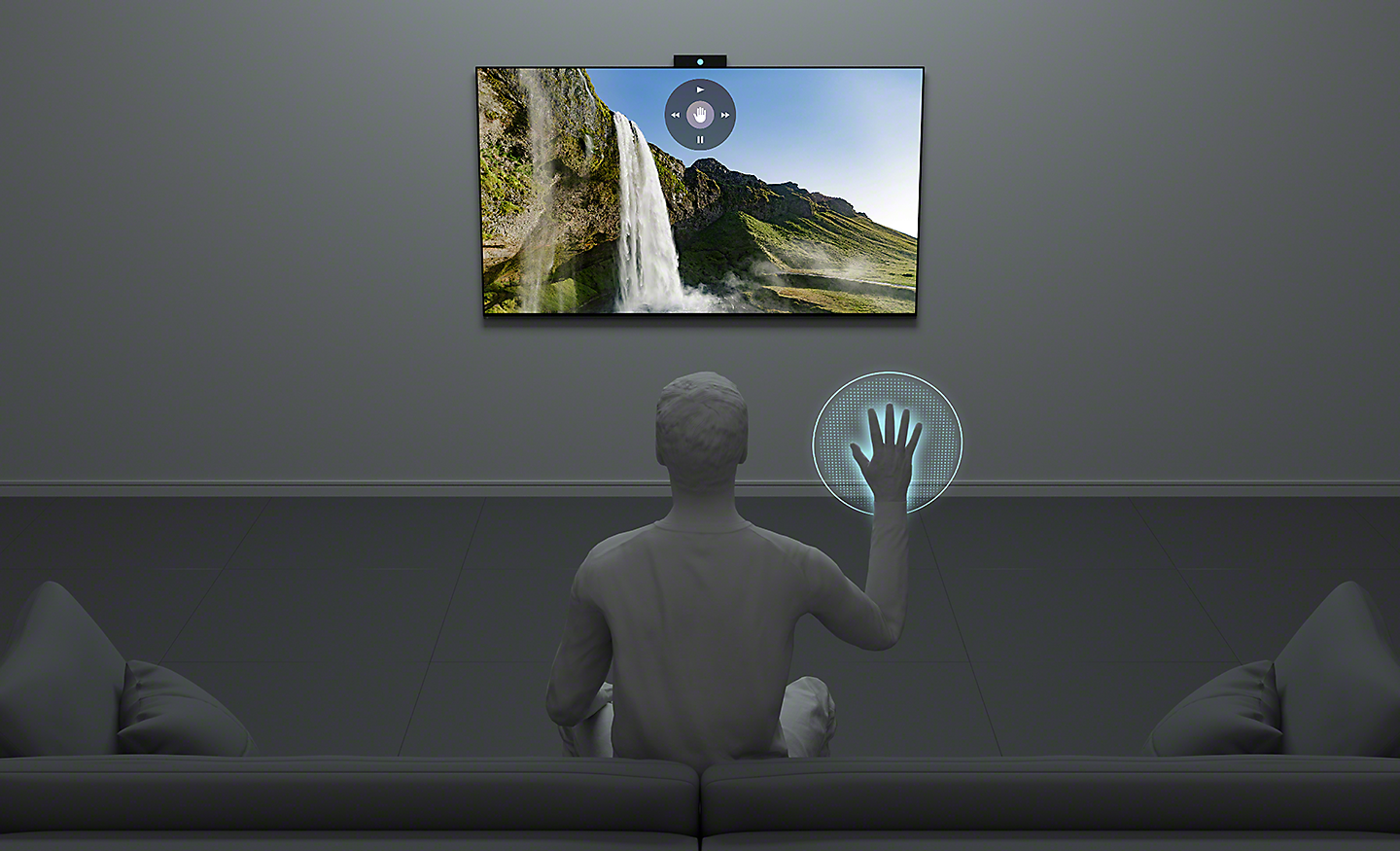 Illustrazione di un uomo che controlla il TV con il movimento delle mani