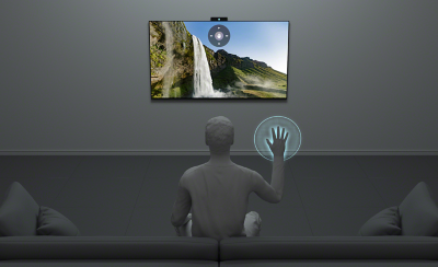 Ілюстрація чоловіка, що використовує жести рук для керування телевізором