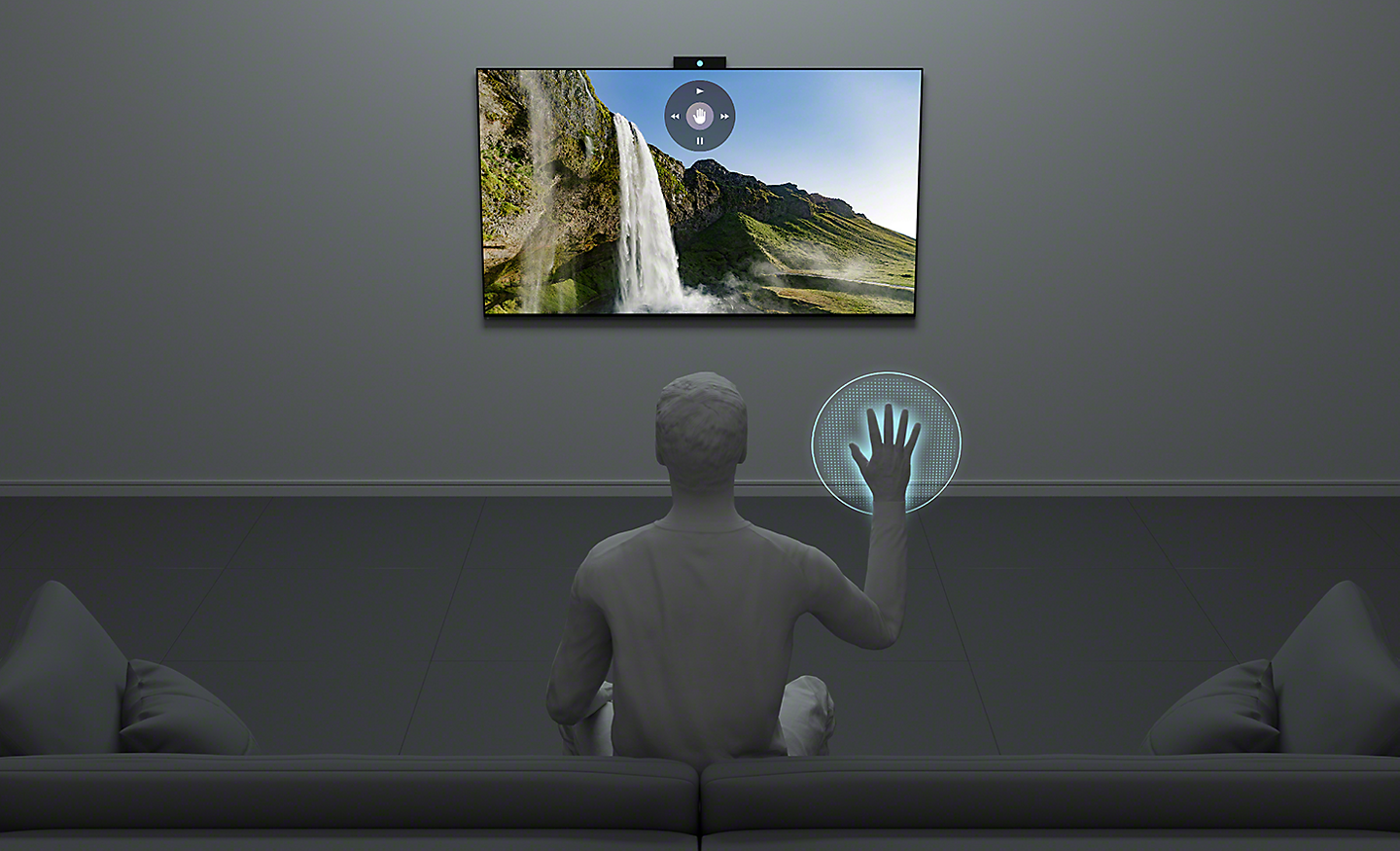 Ilustração de um homem a usar gestos manuais para controlar a sua televisão