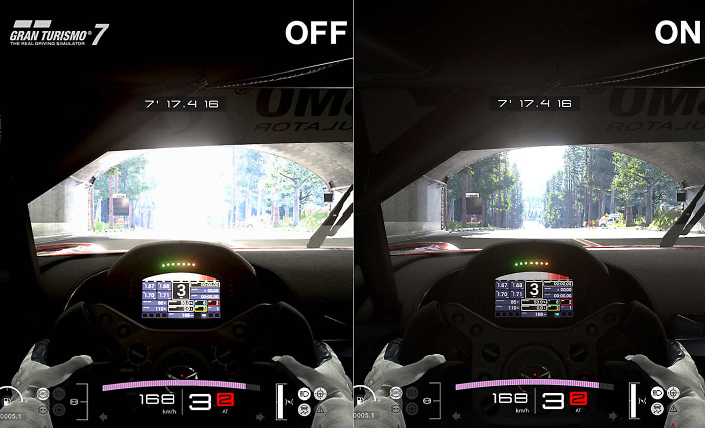 Delt skjermbilde av et bilspill som viser forskjellen med og uten automatisk HDR-tonekartlegging