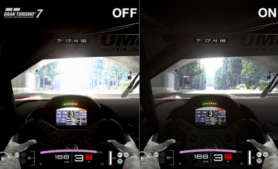 在分割畫面中顯示同一款賽車遊戲，展示自動 HDR 色調映射開啟及關閉時所呈現的不同效果