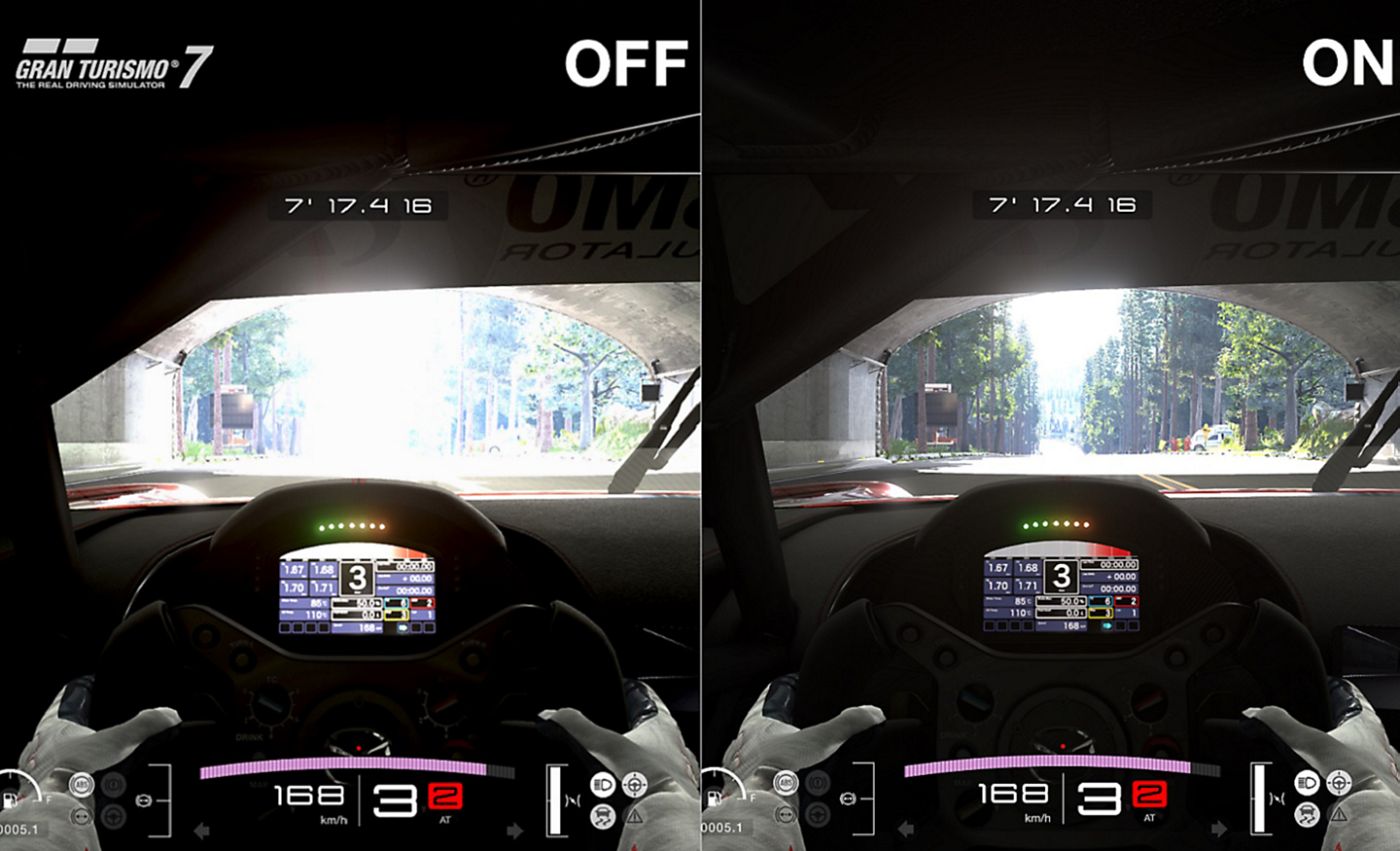 Pantalla dividida de un juego de conducción que muestra la diferencia con y sin la función Mapeado de tono HDR automático