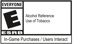 Certificado de la clasificación E para todos de la ESRB y se especifica referencia al alcohol y uso de tabaco