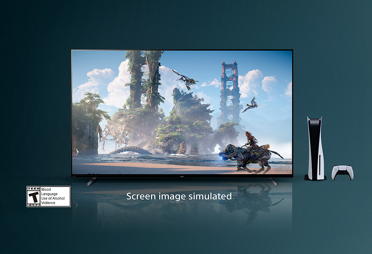 Téléviseur BRAVIA avec capture d’écran montrant une scène de Horizon Forbidden West<sup>MC</sup>, une console PS5 et une manette à droite, et le logo ESRB Teen en bas à gauche