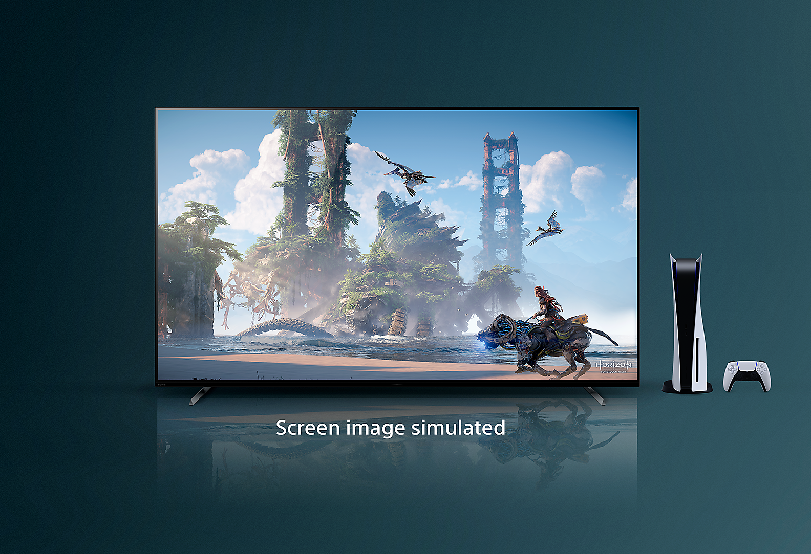 TV BRAVIA avec capture d'écran montrant une scène de Horizon Forbidden West™, avec une console PS5 et une manette à droite