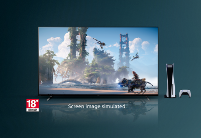 Televisión BRAVIA con captura de pantalla que muestra una escena de Horizon Forbidden West™, la consola PS5 y el controlador a la derecha, y el logotipo de ESRB Teen abajo a la izquierda