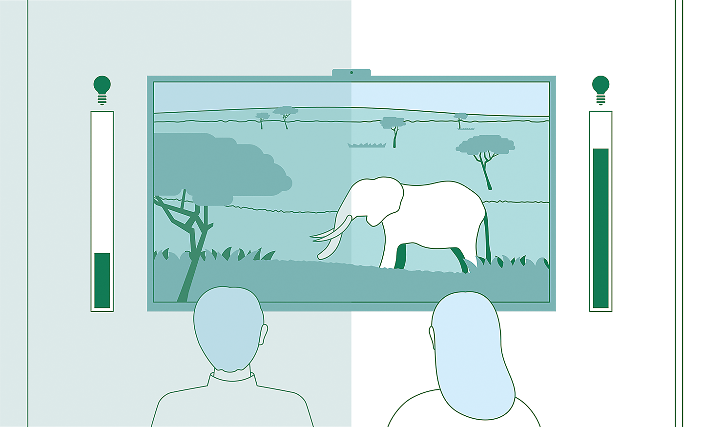 Illustrasjon av par som ser på TV, og som viser hvordan omgivelseslyssensorer optimaliserer lysstyrken og strømforbruket
