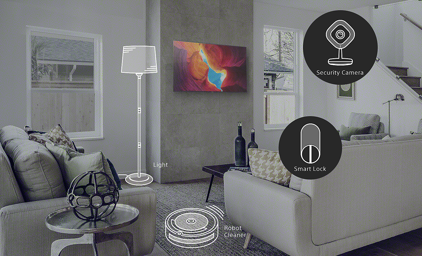 مشهد غرفة معيشة يُظهر أجهزة منزلية ذكية بما في ذلك الإضاءة وروبوت للتنظيف وكاميرا أمنية وقفل ذكي