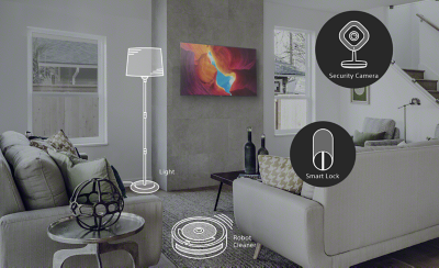 客廳場景顯示智能家居設備，包括燈、機器人清潔器、保安鏡頭和智能鎖
