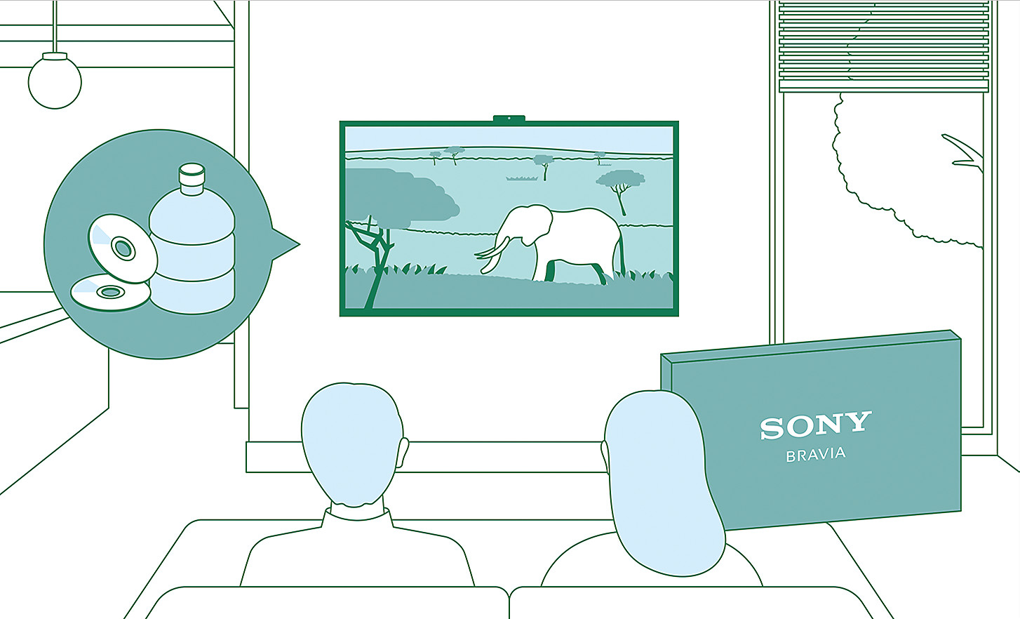 Ilustración de una pareja viendo televisión con elementos gráficos que muestran iniciativas de sostenibilidad