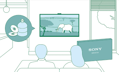 Illustration of a couple watching TV with graphic elements showing sustainability initiatives