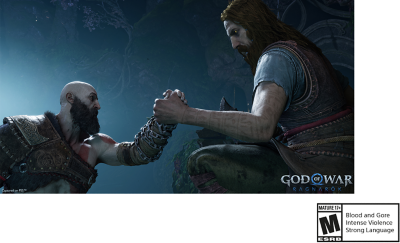 Logotipo de Advertencia para Maduro +17: derramamiento de sangre, violencia intensa, lenguaje fuerte sobre una escena de God of War: Ragnarök en la que se muestra un apretón de manos entre dos guerreros