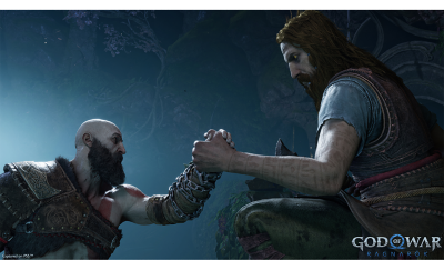 Scene from God of War: Ragnarök showing a handshake between two warriors