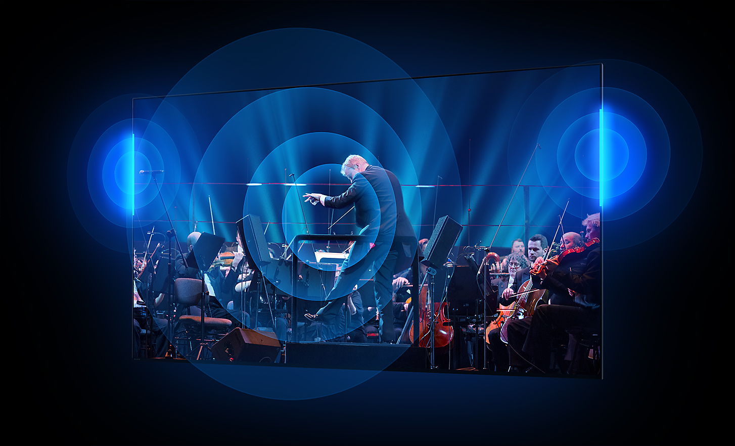Layar BRAVIA TV memperlihatkan dirigen dan orkestra dengan gelombang suara memancar dalam lingkaran konsentris dari tengah layar