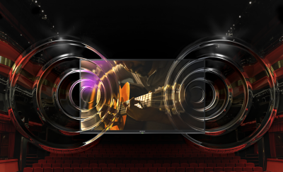 BRAVIA TV with screenshot of man playing a guitar and two concentric sound rings projecting out from the TV