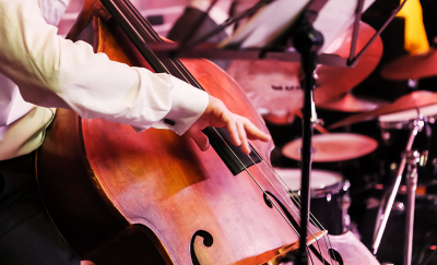 Screenshot of musician playing double bass in an orchestra