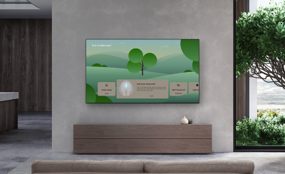 Living room with wall-mounted BRAVIA TV showing Eco Dashboard on screen