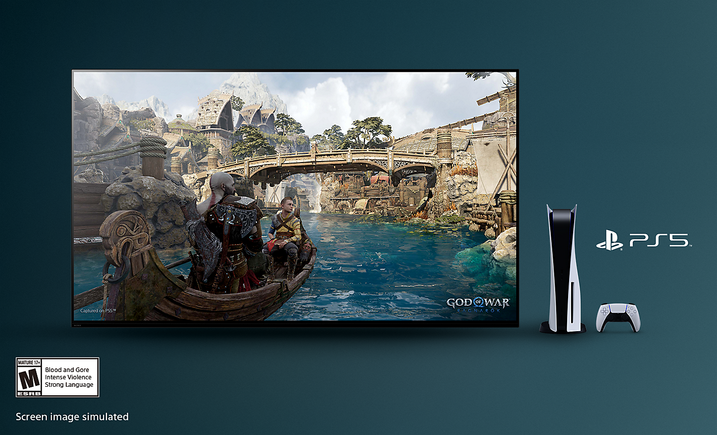 BRAVIA TV with screenshot of God of War: Ragnarök showing a boat on a river and bridge in background with PS5™ console, controller and PS5™ logo to the right of the TV