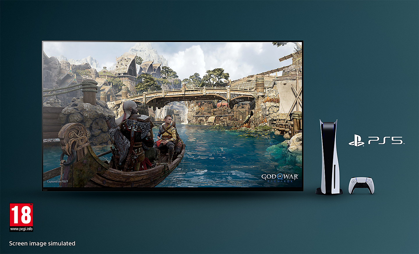 BRAVIA TV with screenshot of God of War: Ragnarok showing a boat on a river and bridge in background with PS5™ console, controller and PS5™ logo to the right of the TV and PEGI 18 logo bottom right