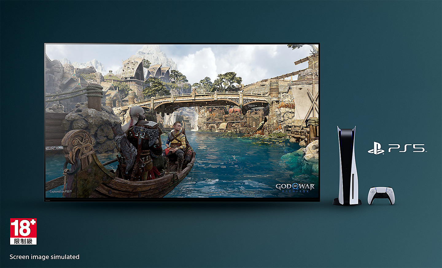 BRAVIA TV with screenshot of God of War: Ragnarok showing a boat on a river and bridge in background with PS5™ console, controller and PS5™ logo to the right of the TV and 18+ logo bottom left