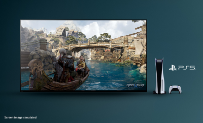 BRAVIA TV with screenshot of God of War: Ragnarök showing a boat on a river and bridge in background with PS5™ console, controller and PS5™ logo to the right of the TV