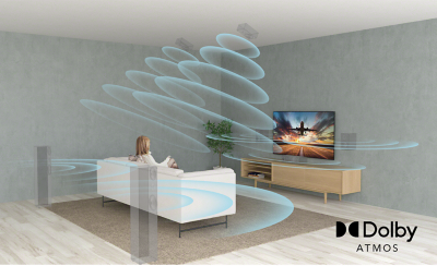 Woman on sofa watching TV with illustrated blue sound waves representing surround sound and logo for Dolby Atmos