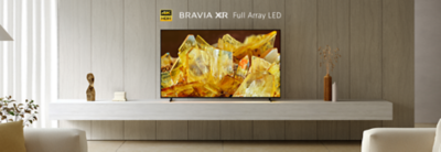 Televisor serie X90L que muestra imágenes cristalinas y amarillentas vibrantes en una sala de estar moderna, con los logotipos 4K HDR, BRAVIA XR y Full Array LED.