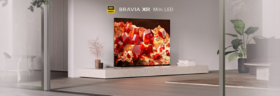 Téléviseur de la série X93L affichant les images éclatantes d’un cristal rouge dans un salon moderne, avec les logos 4K HDR, BRAVIA XR et Mini LED.