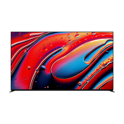 Front view of BRAVIA 9 with screenshot of red and blue water droplets