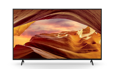 Front view of X75L Series BRAVIA TV on stand, displaying a spectacular rocky landscape