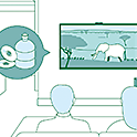 Ilustrație cu un cuplu uitându-se la televizor, cu elemente grafice marcând inițiativele privind durabilitatea
