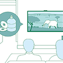 Illustration of a couple watching TV with graphic elements showing sustainability initiatives